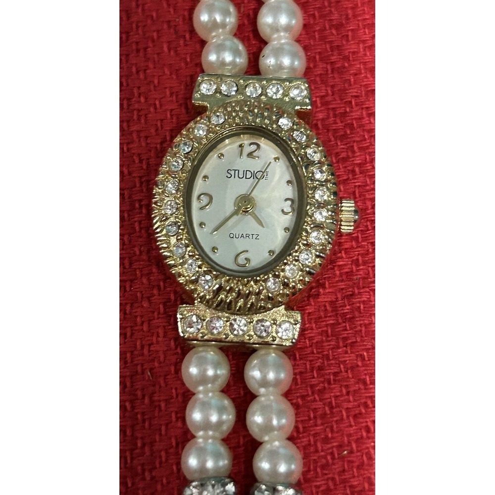 Studio Time Watch Women 19mm Golden Tone Faux Pearl -‎ Needs Battery